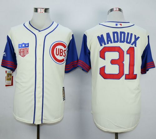 Cubs #31 Greg Maddux Cream/Blue 1942 Turn Back The Clock Stitched MLB Jersey - Click Image to Close